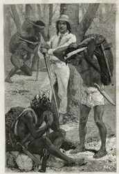 Les porters (caucheros), w Darien (region wschodniej Panamy), grawerowanie według rysunku D.Maillarta, aby zilustrować historię Eksploracja przesmyków Panamy i Darien przez A. Reclusa, porucznika statku, w latach 1876-1878 , opublikowany w tour du mo