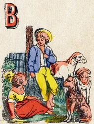 Litera B Pasterze. Grawerowanie w „Alfabet des jeux””. Pan Vagne, redaktor, Pont-a-Mousson, koniec XIX wieku. Różowa seria. 12 stron. Album zawierający uproszczoną metodę czytania oraz ilustrowane abecedary. Wymiary: 16,5x11cm