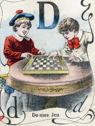 Litera D: Gra w warcaby. Grawerowanie w "ABC des joux pour petits boys". Obraz Pont-a-Mousson, Louis Vagne, drukarz-wydawca, koniec XIX wieku. Wymiary: 32,5x25 cm