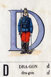 Litera D jako smok. Alfabet wojskowy (ABC lub abecedary). Obraz Epinal, około 1870-1880). Drzeworyty w kolorze wzornikowym. Prywatna kolekcja