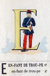 Litera E jako dziecko oddziału. Alfabet wojskowy. Obraz Epinal, około 1870-1880. Drzeworyty w kolorze wzornikowym