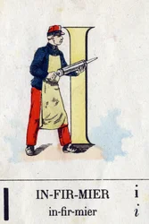 List I jako pielęgniarka. Alfabet wojskowy. Obraz Epinal, około 1870-1880. Drzeworyty w kolorze wzornikowym