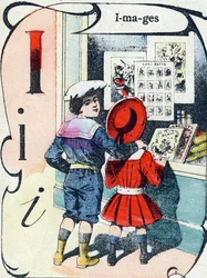 Litera I: obrazy. Grawerowanie w "ABC des joux pour petits boys". Obraz Pont-a-Mousson, Louis Vagne, drukarz-wydawca, koniec XIX wieku. Wymiary: 32,5x25 cm