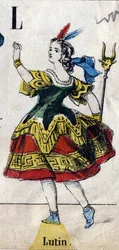 Litera L: Leprechaun. Grawerowanie w "Maskaradzie alfabetu". Nowe obrazowanie Epinal. Drukarsko-litografia Pinot et Sagaire, red., Epinal, II poł. Tabliczka Ná 491 z 25 podświetlanymi literami. Wymiary: 40,5x28cm