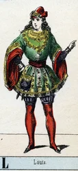 Litera L jak Louis. Abecedary Muzeum Teatralnego. Obraz Epinal, ok. 1830. Wymiary: 37,7x47,5cm. Drzeworyt, szablon ze złoceniami. Prywatna kolekcja.