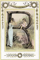 Litera R przedstawiająca matkę i córkę, koniec XIX w. (chromolitografia)