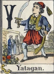 Litera Y: Yatagan. Alfabet rekreacyjny. Obrazowanie epinal. Drzeworyty szablonowe, ok. 1880 r. Mała książeczka 16 stron