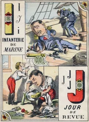 Litery I i J: Dzień Piechoty Morskiej i Przeglądu. Grawerowanie w „Komiksowy alfabet wojskowy”. Piąta seria. Obrazowanie epinal. Pellerin i Cie, Drukarze, Epinal, koniec XIX wieku. 16 stron. Wymiary: 25x18,5cm