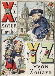 Litery X Y Z: Ksawery inwalida i Iwon Żuaw. Grawerowanie w „Komiksowy alfabet wojskowy”. Piąta seria. Obrazowanie epinal. Pellerin & Cie, Drukarki, Epinal, koniec XIX wieku. 16 stron. Wymiary: 25x18,5cm
