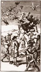 Ewokacja demonów, rycina z 1710 r. w „Historii ekstrawaganckich wyobrażeń Monsieur Oufle” Laurenta Bordelona (1653-1730)