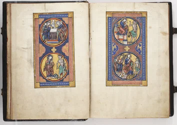 Lewis Psalter ff.8v-9r, Ofiarowanie w świątyni i trzy kuszenia Chrystusa, ok. 1225-40 (tempera i złoto na welinie)