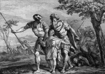Wyzwolenie Childeberta II (570-596), króla Austrazji, 575: syn Childeberta I i Brunehildy (Brunehaut), został zabrany przez swojego wuja Chilperica 1era po śmierci ojca. Rycina z XVIII wieku.
