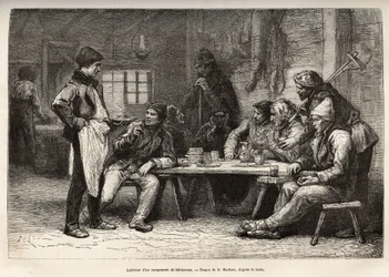 Wnętrze obozu woodcheron w Ontario, rycina wg rysunku D.Maillarda, ilustrującego wyprawę do Kanady i nad północną rzekę Czerwoną, H. De Lamotte, w 1873, opublikowana w „Le world tour”” 1875 , pod redakcją Edouarda