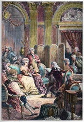 Salon Literacki - Czytanie „Paweł i Virginie” Jacquesa-Henri Bernardina z Saint-Pierre (Saint Pierre) w salonach Madame Necker w Paryżu - obok pani Necker jej męża Jacquesa Neckera i córki Germaine, później pani de. Stael - Wykład