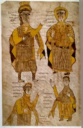 Lodhanri Król Alamanów (albo Alemans: plemię germańskie) otacza eveque, księcia i hrabiego. Rękopis „”Breviary of Alaric and other legal texts”” (folio 197v), Francja, Vallee de la Loire (?), 803-814. Paryż, B N