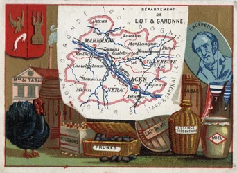 Lot i Garonne (Lot-et-Garonne, 47), Akwitania, Francja. Fabryka tytoniu, hodowla indyków, wino, korki, śliwki, brandy, benzyna tebentynowa. Portret Bernarda Germaina Etienne de Laville-sur-Illon, hrabiego Lacepede (lub de la Cepede