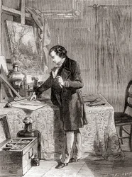 Louis-Jacques-Mandé Daguerre wynajdujący proces fotograficzny dagerotypii w XIX wieku, z Les Merveilles de la Science, opublikowanego ok. 1870 r. (rycina)