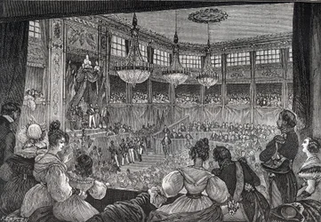 Ludwik Filip I zostaje zaprzysiężony na króla przed Izbą Deputowanych, 9 sierpnia 1830 r. - Rewolucja 1830 r.: „” Król Ludwik Filip I (1773-1850) przysiągł zachować Kartę z 1830 r. w obecności izb ponownie zjednoczonych w prowizoryczna hala Pa