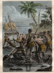 Louis Antoine, hrabia Bougainville (1729-1811) przybył do Ile des Lancies (Polinezja Francuska) w 1768 r. - ilustracja zaczerpnięta z „Wielkich Marynarzy XVIII wieku”