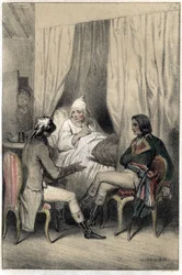 Louis Antoine Fauvelet de Bourienne (1769-1834), francuski dyplomata i administrator oraz generał Napoleon Bonaparte (1769-1821) poprosili chorego starego kapitalistę o pieniądze na kampanię włoską. Talerz zaczerpnięty z „”Sceny de la vie des hommes słynne