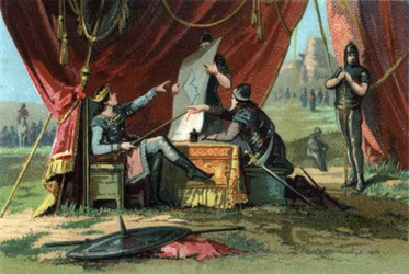 Ludwik III (zob. 863-882) i Karolman II (867-884) bezskutecznie oblegali Wiedeń. Chromolitografia około 1890 r.