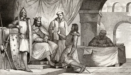 Ludwik II (848-79) odbiera przysięgę wierności od szlachcica, z "Histoire de France" Colarta, wydanej ok. 1840 r.