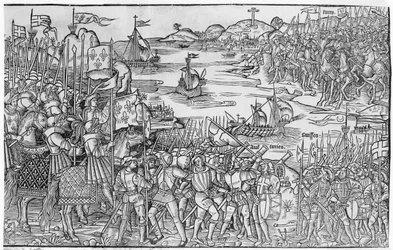 Ludwik IX francuski wysiadający w Damietcie podczas siódmej krucjaty, z "Grand Voyage de Hierusalem", opublikowanej w 1522 r.