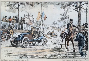 Louis Renault jadący w wyścigu Paryż-Madryt w 1903 r., ok. 1903 r.