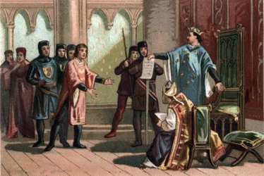 Ludwik VIII, zwany „Lewem” (1187-1226), dynastia Kapetyngów, z dumą i zaciekłością odpowiedział wysłannikowi króla Anglii Henryka III. Chromolitografia około 1890 r.