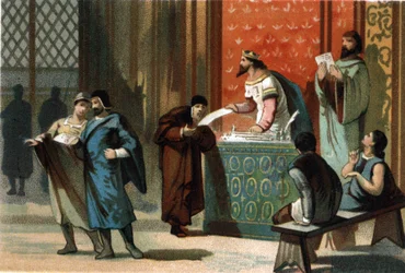 Ludwik VI dit Le Gros (1081-1137) nadał gminom przywileje pocztowe. Chromolitografia około 1890 r.