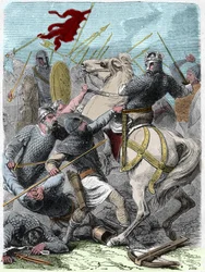 Ludwik VI powiedział „The Gros” (1081 - 1137), w bitwie pod Brenneville, próbował odebrać Normandię królowi Anglii Henrykowi I w 1119. Grawerowanie w „” Histoire De France En Cent Paintings” Paula Lehugeura „” 1891.