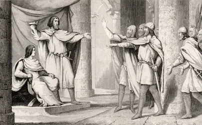Ludwik V (967-87) Loafer pokazuje swoją koronę swoim wyznawcom, z „Histoire de France” Colarta, wydanej ok. 1840 r.