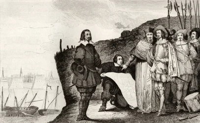 Ludwik XIII (1602-43) podczas oblężenia La Rochelle w październiku 1628 r., z "Histoire de France" Colarta, wydanej ok. 1840 r.