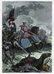 Ludwik XII w bitwie pod Agnadel koło Cremy w Lombardii wygranej przez króla nad Wenecjanami 14 maja 1509 - Bitwa pod Agnadello - Ludwik XII pokonuje Wenecjan - rycina z „L