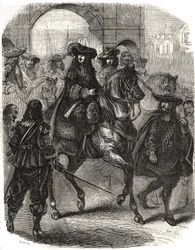Ludwik XIV (1638-1715) i jego żona Marie Therese (Marie-Therese) z Austrii (1638-1683) wkroczyli do Paryża w 1660 roku. Grawerowanie w „”Histoire de France”” L.-P. Anguetil