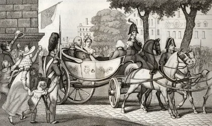 لوئس XVIII (1755-1824) په 1814 کې د بیا رغونې په وخت کې پاریس ته ننوتل، د کولارټ لخوا د "Histoire de France" څخه، c.1840 poli چاپ شو.
