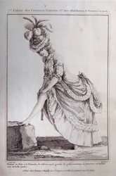 Moda Ludwika XVI: portret stopy młodej kobiety w polskiej sukience w pasiastej taftie. Rycina z 1778 r. Paryż, sztuka dekoracyjna