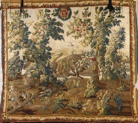 Gobelin Ludwika XV Verdure Aubusson z herbem Cluny