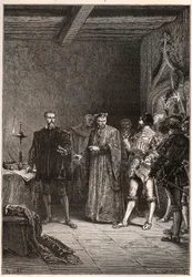 Ludwik de Berquin (1485-1529), rycerz i humanista, reformator religijny, wyzwolony przez Jeana de la Barre (1523-1533) prevot de Paris - Louis de Berquin (z lewej) zwolniony z więzienia przez Jana de la Barre - rycina z „” Historia Francji opowiedziana moj