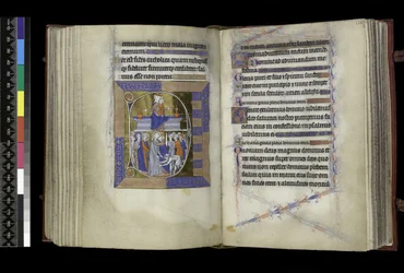 MS 300 f.177v-178r, Jutrznia, Dziewica z Dzieciątkiem siedząca między dwoma wazonami na ławce (powyżej); Zdrada Chrystusa, z Judaszem całującym Chrystusa i św. Piotrem odcinającym ucho Malchusowi (poniżej), z Psałterza i Godzin Izabeli Francuskiej, Paryż, 