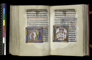 MS 300 f.198v-199r, Suffrage to the Cross and Suffrage to Angels, z Psałterza i Godzin Izabeli Francuskiej, Paryż, ok. 1265-70 (pióro i tusz oraz tempera na pergaminie)