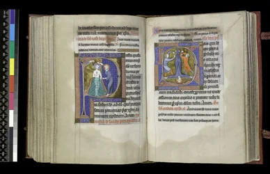MS 300 f.199v-200r, Sufrażystka do św. Jana Chrzciciela i Sufrażystka do św. Piotra, z Psałterza i Godzin Izabeli Francuskiej, Paryż, ok. 1265-70 (pióro i tusz oraz tempera na pergaminie)
