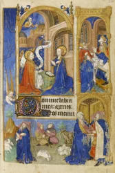 MS 39-1950 f.26r Zwiastowanie i Zwiastowanie Pasterzom, 1464 (złoty, srebrny i kolorowy tusz na pergaminie)