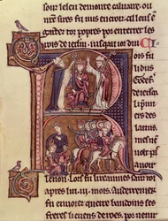 MS Fr 9081 f.99v Historyczny inicjał R przedstawiający króla Baldwina I Flandrii (1171–1205) koronowany na cesarza łacińskiego w 1204 r. i jego hojność wobec tureckiej kobiety wysyłającej swoje dziecko