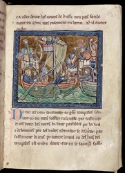 MS Marlay Add 1, fol. 86: Strona tekstu z iluminacją przedstawiającą bitwę morską, z De Re Militari, ok. 1270