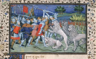 MS Royal 20 B.XX fol.50v Aleksander Wielki (356-323 pne) walki z białymi lwami, z „La Vraye Histoire du Bon Roy Alixandre” Pseudo-Kallisthenesa, początek XV wieku (wellum)