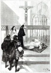 Madame de Sazilles jest egzorcyzmowana w obecności księcia Gaston dOrleans, ilustracja dla opętanych Loudun w Les Mysteres de la Science autorstwa Louisa Figuiera, 1886
