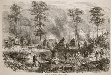 Wyrabianie węgla drzewnego na proch strzelniczy, ilustracja z Historii wojny Cassells między Francją a Niemcami, 1870-1871