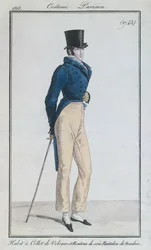 Garnitur męski z aksamitnym kołnierzem, jedwabnymi guzikami i spodniami nankeen, 1816