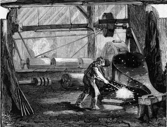 Produkcja armat karabinowych: żelazne pasy są czerwone puste. Grawer w „”Le Monde Illustré””n°35 z 12 grudnia 1857 r.